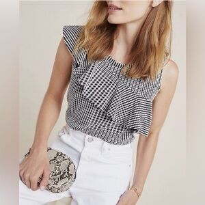 Dolan for Anthropologie Black and White Houndstooth Ruffled Sleeveless Blouse
